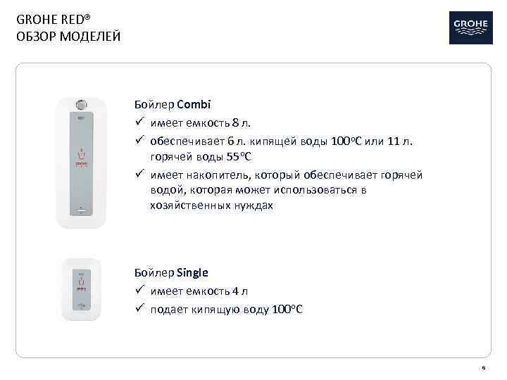 GROHE RED® ОБЗОР МОДЕЛЕЙ Бойлер Combi ü имеет емкость 8 л. ü обеспечивает 6