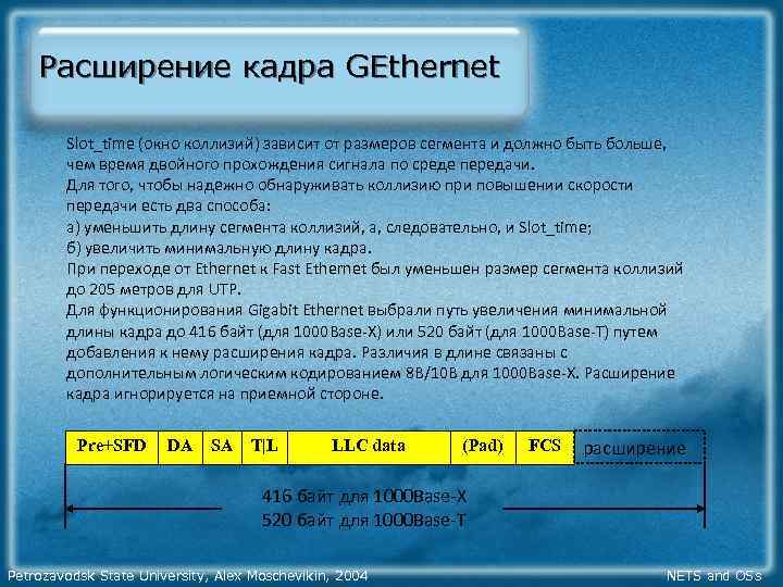 Расширение кадра GEthernet Slot_time (окно коллизий) зависит от размеров сегмента и должно быть больше,