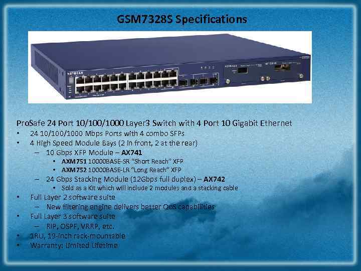 GSM 7328 S Specifications Pro. Safe 24 Port 10/1000 Layer 3 Switch with 4