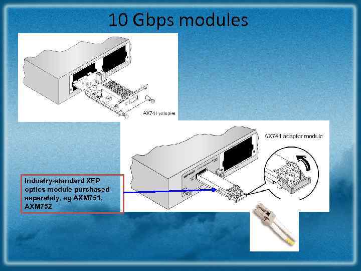 10 Gbps modules Industry-standard XFP optics module purchased separately, eg AXM 751, AXM 752