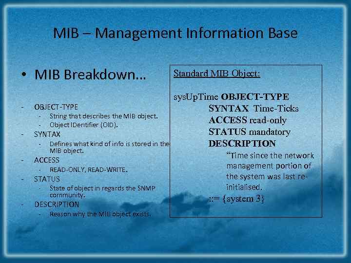 MIB – Management Information Base • MIB Breakdown… - OBJECT-TYPE - SYNTAX - ACCESS