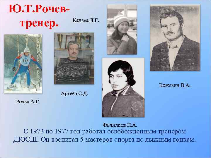 Ю. Т. Рочев. Канева Л. Г. тренер. Кожевин В. А. Артеев С. Д. Рочев