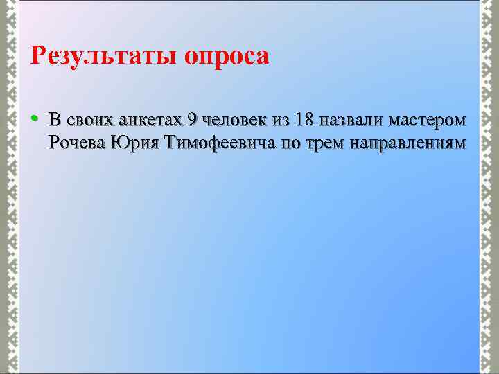 Результаты опроса • В своих анкетах 9 человек из 18 назвали мастером Рочева Юрия