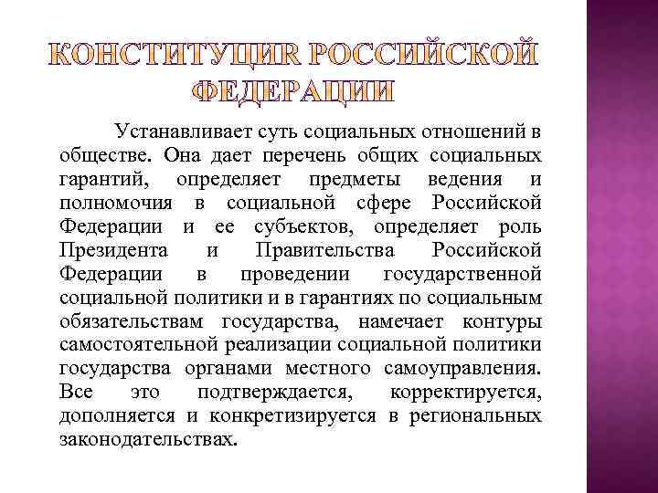 Устанавливает суть социальных отношений в обществе. Она дает перечень общих социальных гарантий, определяет предметы