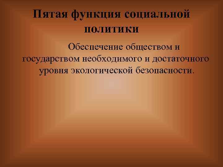 Пятая функция социальной политики Обеспечение обществом и государством необходимого и достаточного уровня экологической безопасности.