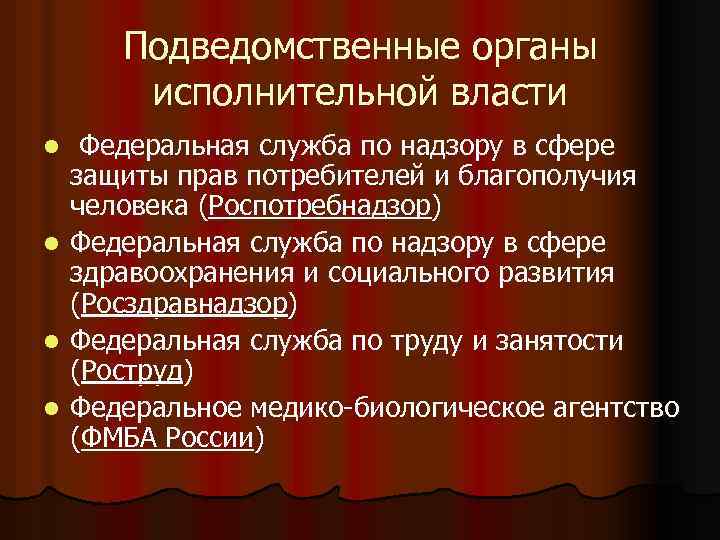 Подведомственные органы исполнительной власти Федеральная служба по надзору в сфере защиты прав потребителей и