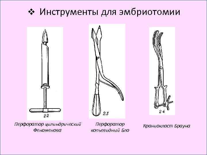 v Инструменты для эмбриотомии Перфоратор цилиндрический Феноменова Перфоратор копьевидный Бло Краниокласт Брауна 