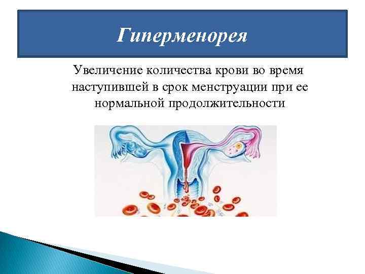 Гиперменорея Увеличение количества крови во время наступившей в срок менструации при ее нормальной продолжительности