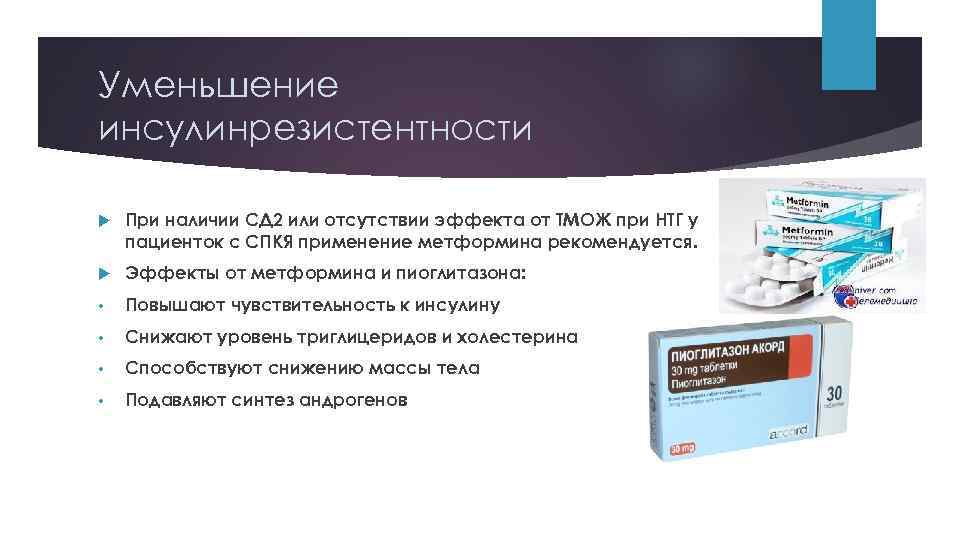 Уменьшение инсулинрезистентности При наличии СД 2 или отсутствии эффекта от ТМОЖ при НТГ у