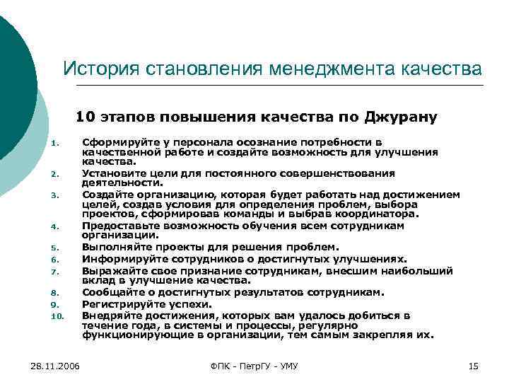 История становления менеджмента качества 10 этапов повышения качества по Джурану 1. 2. 3. 4.