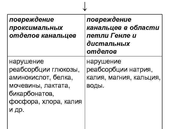 ↓ повреждение проксимальных отделов канальцев нарушение реабсорбции глюкозы, аминокислот, белка, мочевины, лактата, бикарбонатов, фосфора,