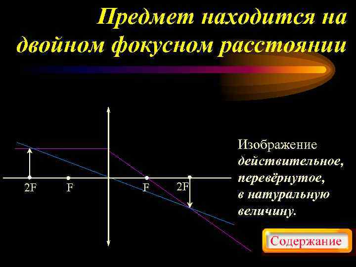 Предмет находится на двойном фокусном расстоянии 2 F F F 2 F Изображение действительное,