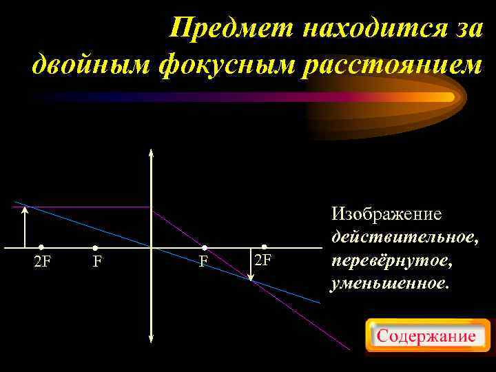Предмет находится за двойным фокусным расстоянием 2 F F F 2 F Изображение действительное,