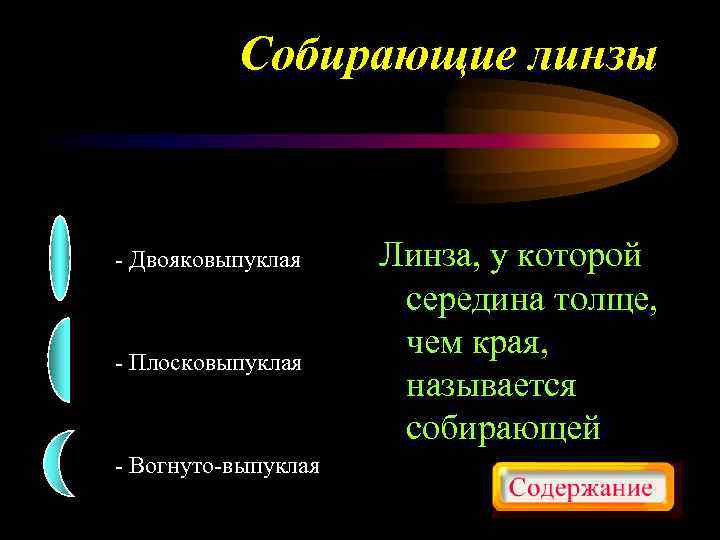 Собирающие линзы - Двояковыпуклая - Плосковыпуклая - Вогнуто-выпуклая Линза, у которой середина толще, чем