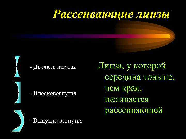 Рассеивающие линзы - Двояковогнутая - Плосковогнутая - Выпукло-вогнутая Линза, у которой середина тоньше, чем