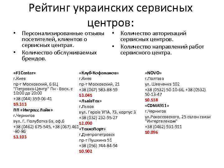 Рейтинг украинских сервисных центров: • Персонализированные отзывы • Количество авторизаций посетителей, клиентов о сервисных
