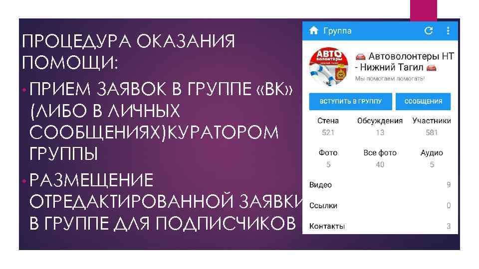 ПРОЦЕДУРА ОКАЗАНИЯ ПОМОЩИ: • ПРИЕМ ЗАЯВОК В ГРУППЕ «ВК» (ЛИБО В ЛИЧНЫХ СООБЩЕНИЯХ)КУРАТОРОМ ГРУППЫ