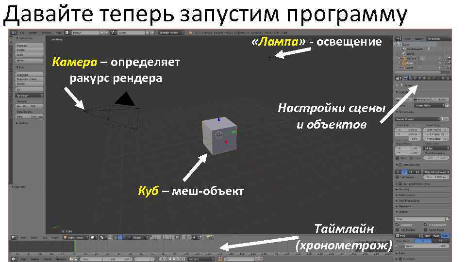 Давайте теперь запустим программу «Лампа» - освещение Камера – определяет ракурс рендера Настройки сцены