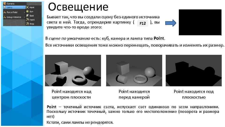 Освещение Бывает так, что вы создали сцену без единого источника света в ней. Тогда,