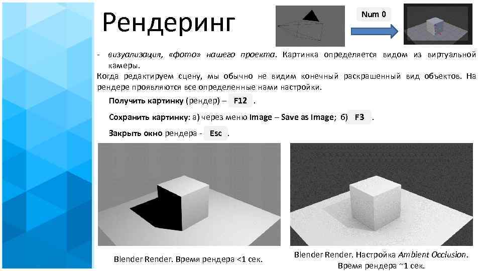 Рендеринг Num 0 - визуализация, «фото» нашего проекта. Картинка определяется видом из виртуальной камеры.