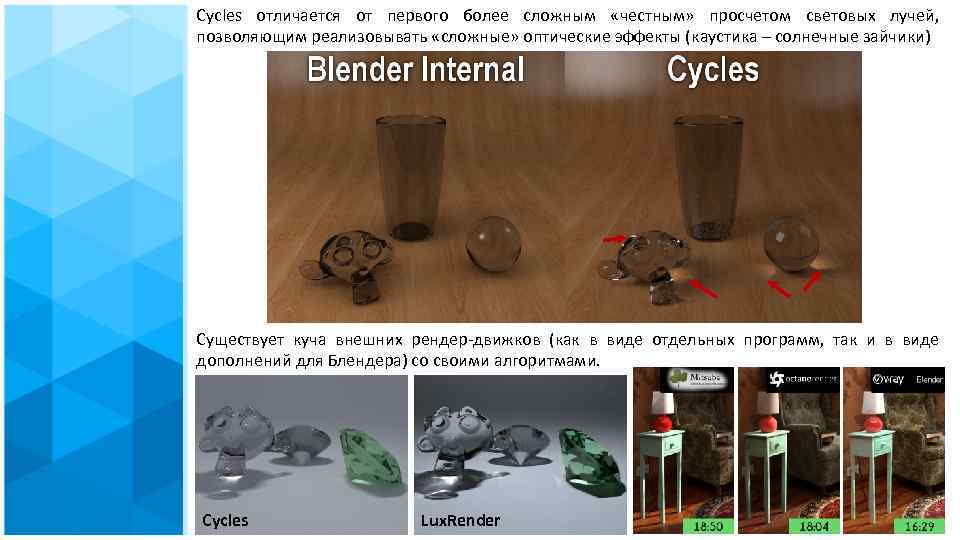 Cycles отличается от первого более сложным «честным» просчетом световых лучей, позволяющим реализовывать «сложные» оптические