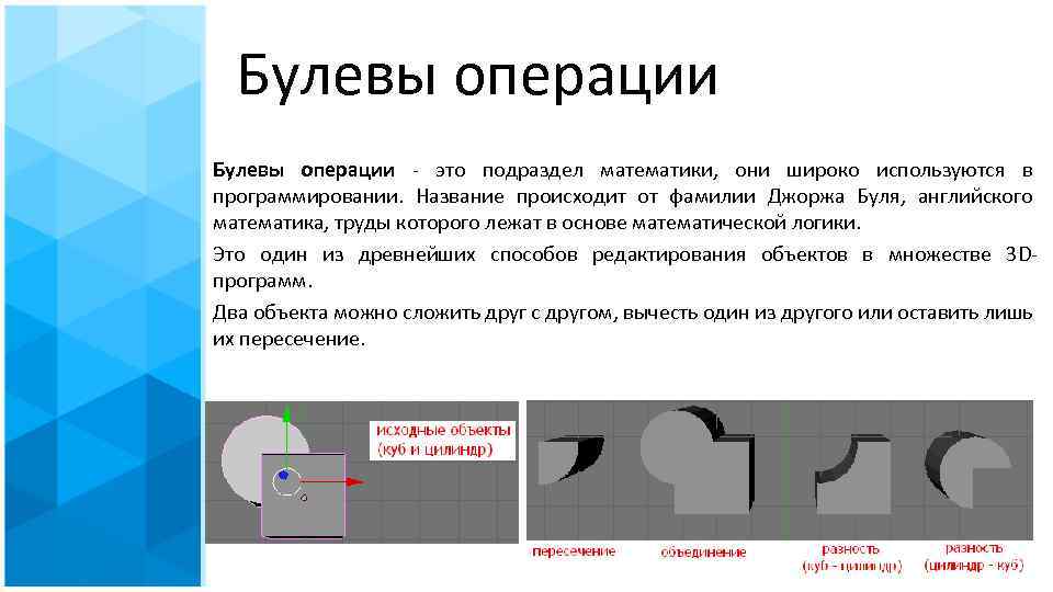 Булевы операции - это подраздел математики, они широко используются в программировании. Название происходит от