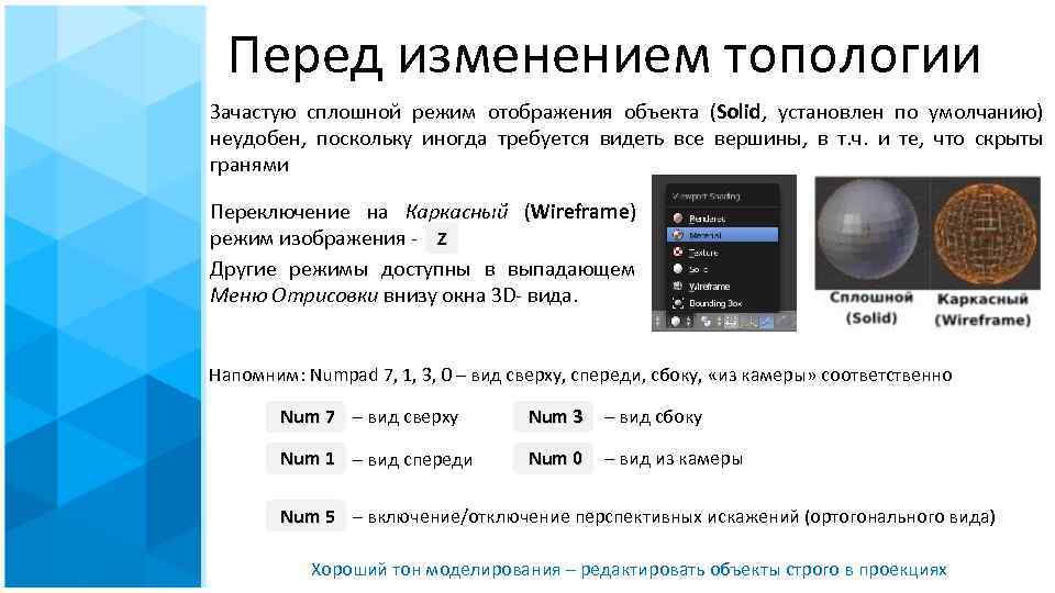 Перед изменением топологии Зачастую сплошной режим отображения объекта (Solid, установлен по умолчанию) неудобен, поскольку