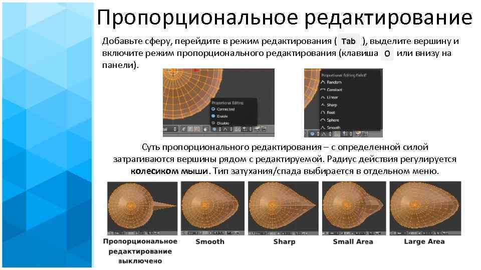 Пропорциональное редактирование Добавьте сферу, перейдите в режим редактирования ( Tab ), выделите вершину и