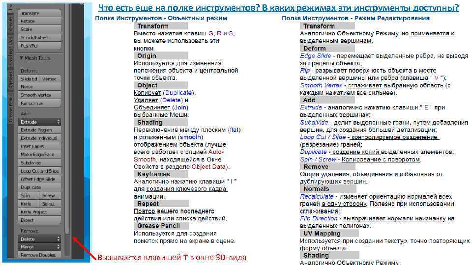 Что есть еще на полке инструментов? В каких режимах эти инструменты доступны? Вызывается клавишей