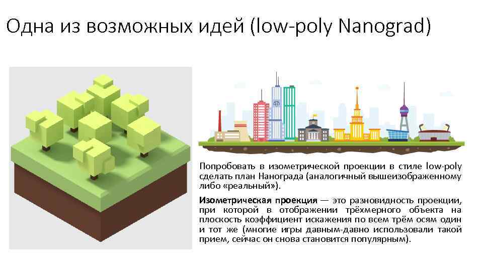 Одна из возможных идей (low-poly Nanograd) Попробовать в изометрической проекции в стиле low-poly сделать