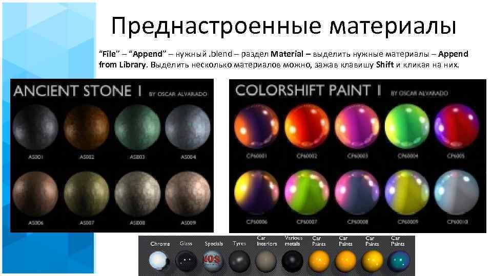 Преднастроенные материалы “File” – “Append” – нужный. blend – раздел Material – выделить нужные