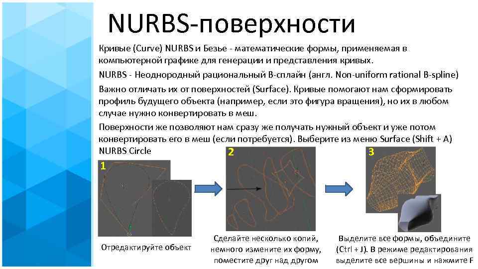 NURBS-поверхности Кривые (Curve) NURBS и Безье - математические формы, применяемая в компьютерной графике для