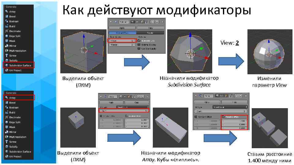 Как действуют модификаторы View: 2 Выделили объект (ПКМ) Назначили модификатор Subdivision Surface Назначили модификатор