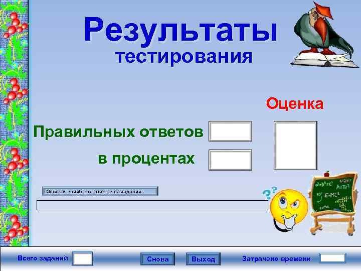 Результаты тестирования Оценка Правильных ответов в процентах Ошибки в выборе ответов на задания: Всего