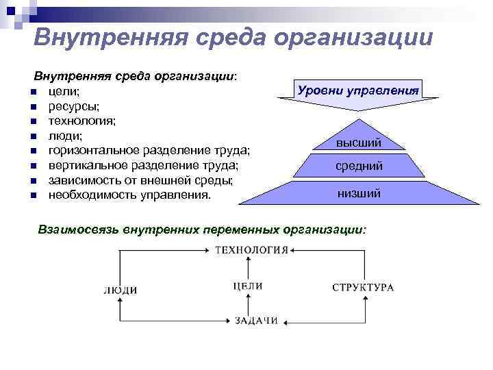 Внутренняя среда организации: n цели; n ресурсы; n технология; n люди; n горизонтальное разделение