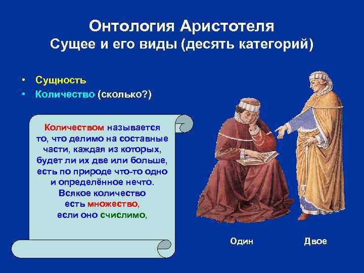 Онтология Аристотеля Сущее и его виды (десять категорий) • Сущность • Количество (сколько? )