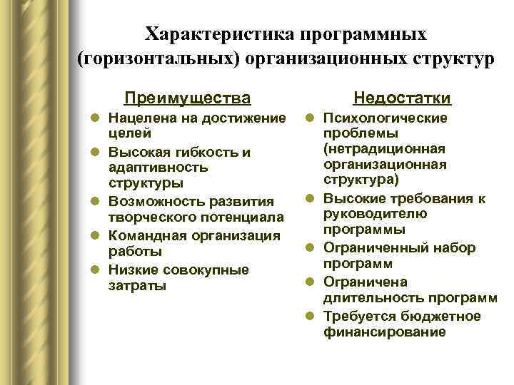 Характеристика программных (горизонтальных) организационных структур Преимущества Недостатки l Нацелена на достижение целей l Высокая