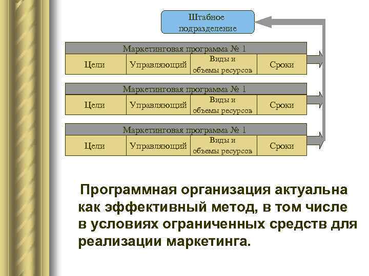 Штабное подразделение Маркетинговая программа № 1 Цели Управляющий Виды и объемы ресурсов Сроки Программная