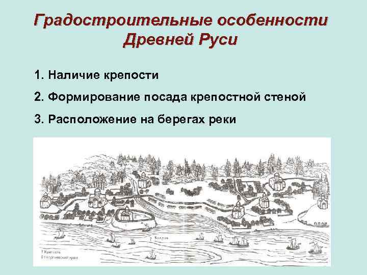 Градостроительные особенности Древней Руси 1. Наличие крепости 2. Формирование посада крепостной стеной 3. Расположение
