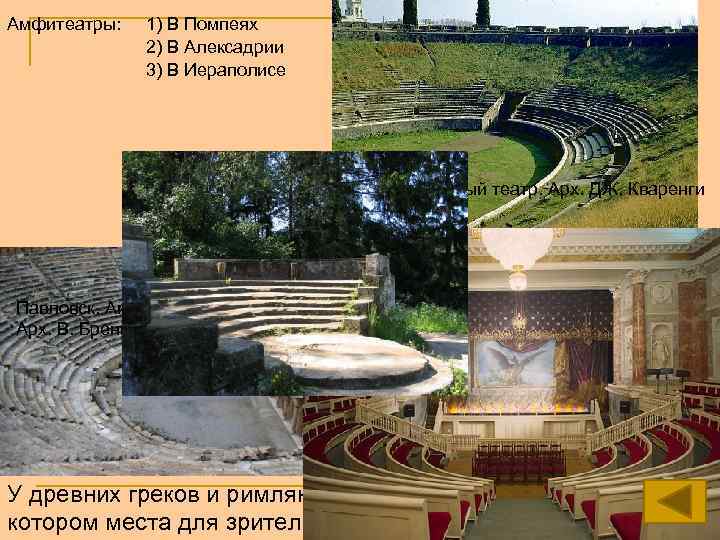 Амфитеатры: 1) В Помпеях 2) В Алексадрии 3) В Иераполисе Эрмитажный театр. Арх. ДЖ.