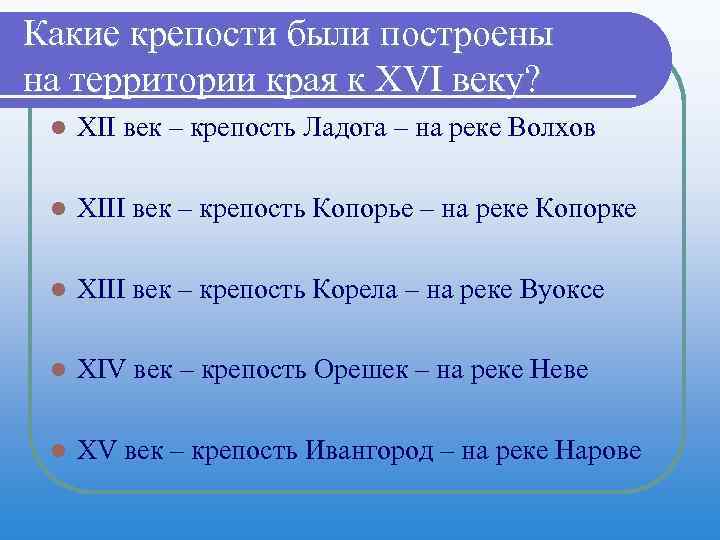 Какие крепости были построены на территории края к XVI веку? l XII век –