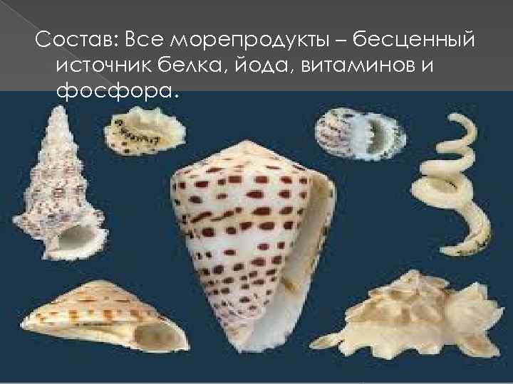 Состав: Все морепродукты – бесценный источник белка, йода, витаминов и фосфора. 