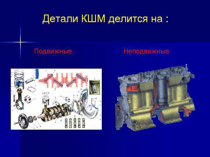 Детали КШМ делится на : Подвижные Неподвижные 