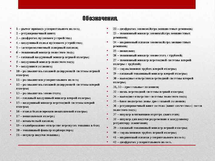 Обозначения. • • • • • • 1 – рычаг привода ускорительного насоса; 2