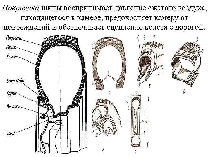 Покрышка шины воспринимает давление сжатого воздуха, находящегося в камере, предохраняет камеру от повреждений и