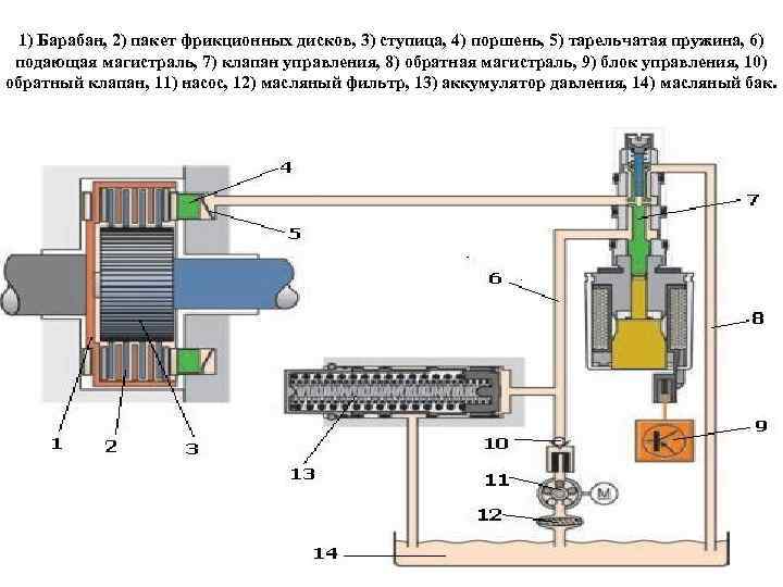 1) Барабан, 2) пакет фрикционных дисков, 3) ступица, 4) поршень, 5) тарельчатая пружина, 6)