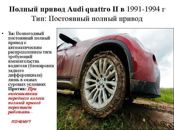 Полный привод Audi quattro II в 1991 -1994 г Тип: Постоянный полный привод •