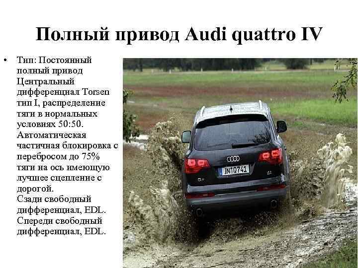 Полный привод Audi quattro IV • Тип: Постоянный полный привод Центральный дифференциал Torsen тип