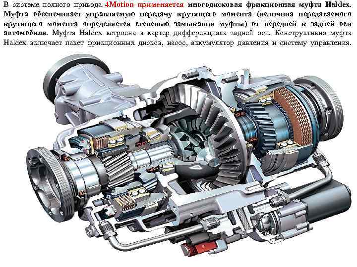 В системе полного привода 4 Motion применяется многодисковая фрикционная муфта Haldex. Муфта обеспечивает управляемую