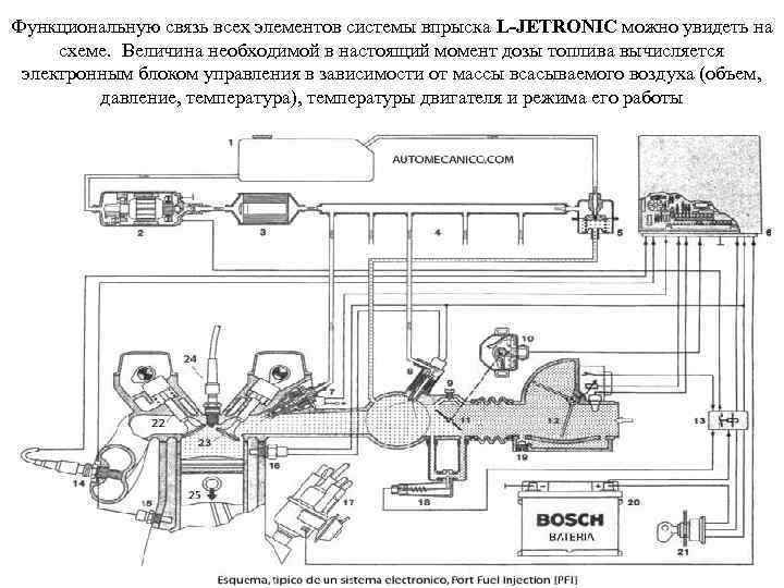 Функциональную связь всех элементов системы впрыска L-JETRONIC можно увидеть на схеме. Величина необходимой в